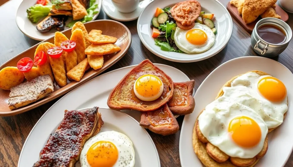 Generate an image of The Forks Resort Restaurant's breakfast dishes.