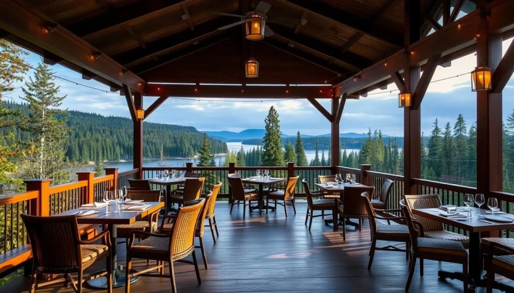 Generate an image of The Forks Resort's restaurant with a patio view.