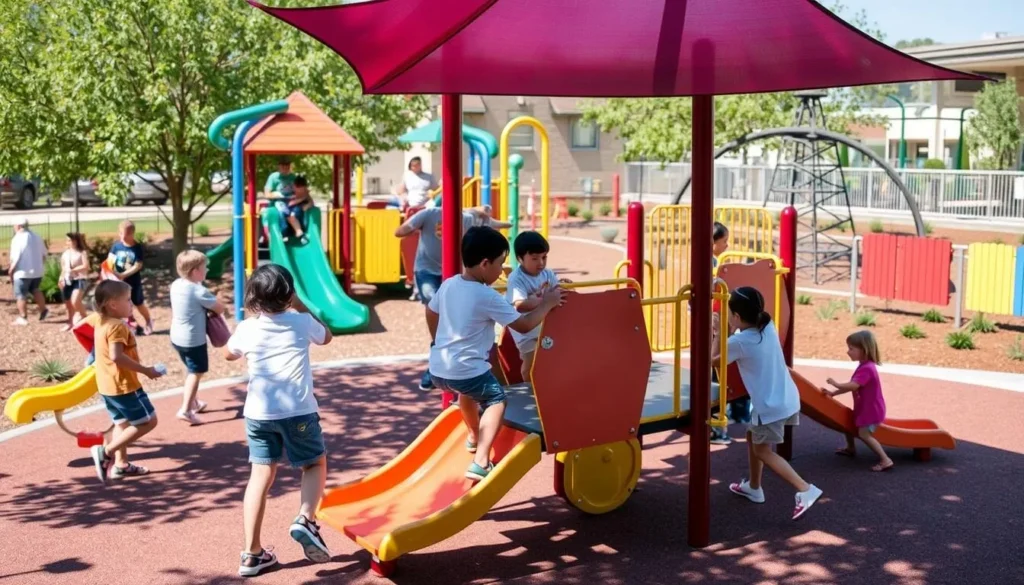 Generate an image of The Gathering Place's playgrounds.