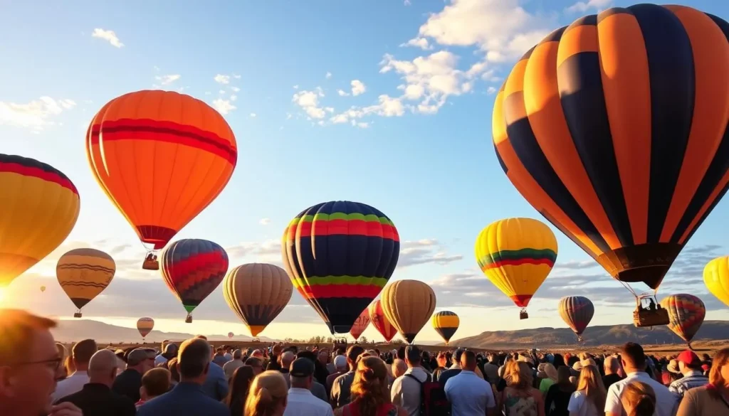 Generate an image of The Great Reno Balloon Race, featuring a crowd watching hot air balloons take off at sunrise.
