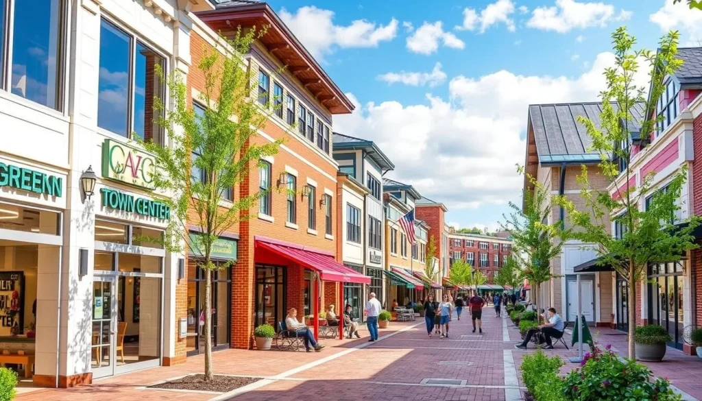 Generate an image of The Greene Town Center, showing its outdoor shopping area with a mix of national brands and local boutiques.