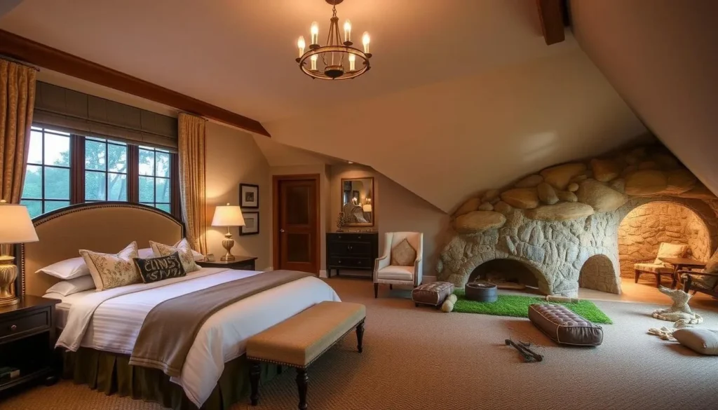 Generate an image of The Inn at Honey Run's elegant guest rooms or unique Earth Sheltered Crofts.