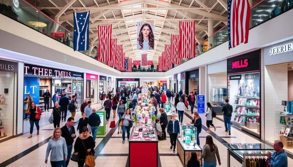 Generate an image of The Mills at Jersey Gardens' interior, showcasing its bustling shopping areas.