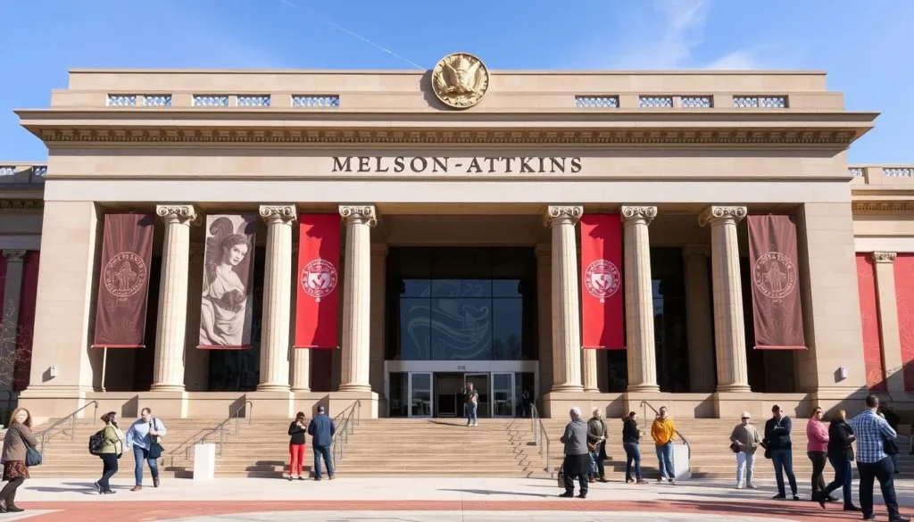 Generate an image of The Nelson-Atkins Museum of Art's grand entrance with visitors admiring its architecture.