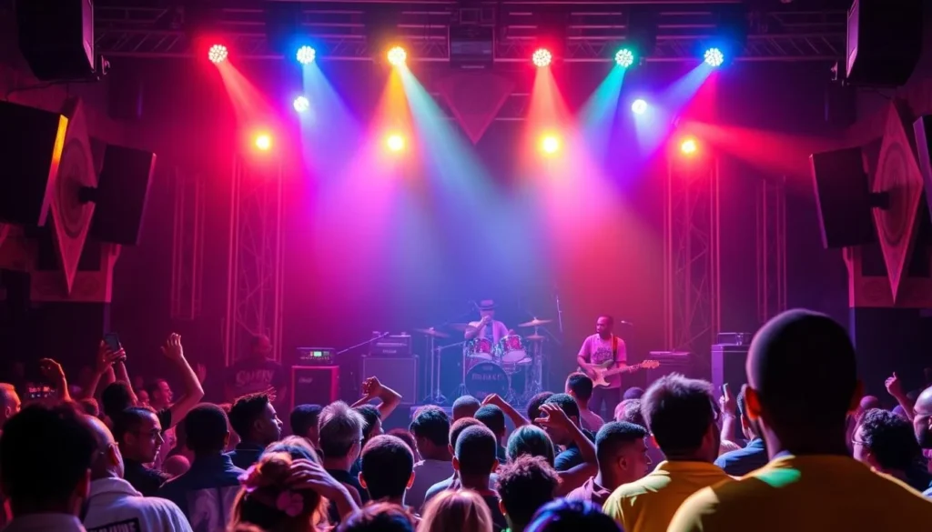 Generate an image of The New Afrika Shrine during a live Afrobeat performance, capturing the energetic atmosphere.
