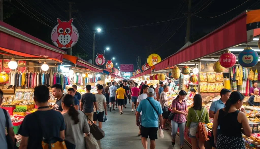 Generate an image of The Owl Night Market in Nonthaburi, showcasing vibrant stalls and shoppers.