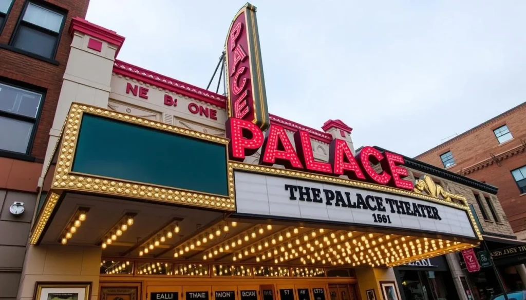 Generate an image of The Palace Theater in Manchester, NH, showcasing its historic facade and vibrant signage.