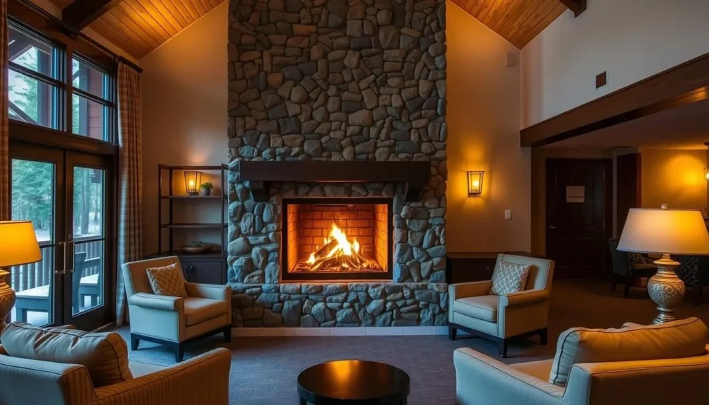 Generate an image of The Pines Resort's lobby with a warm fireplace.