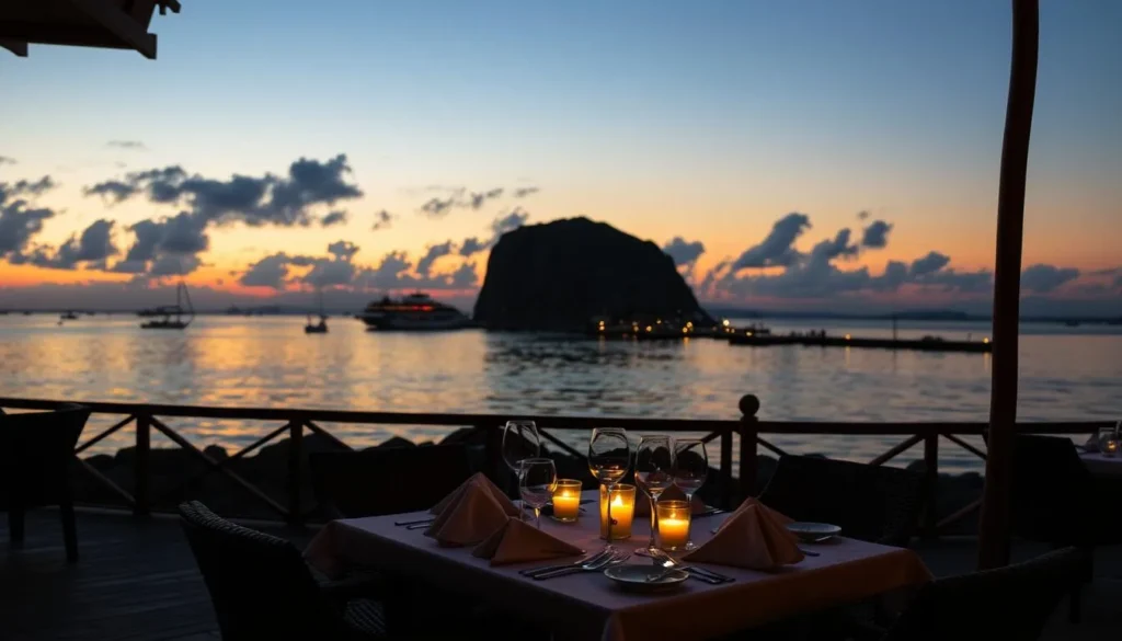 Generate an image of The Rock Restaurant Zanzibar at sunset with a table set for dinner.