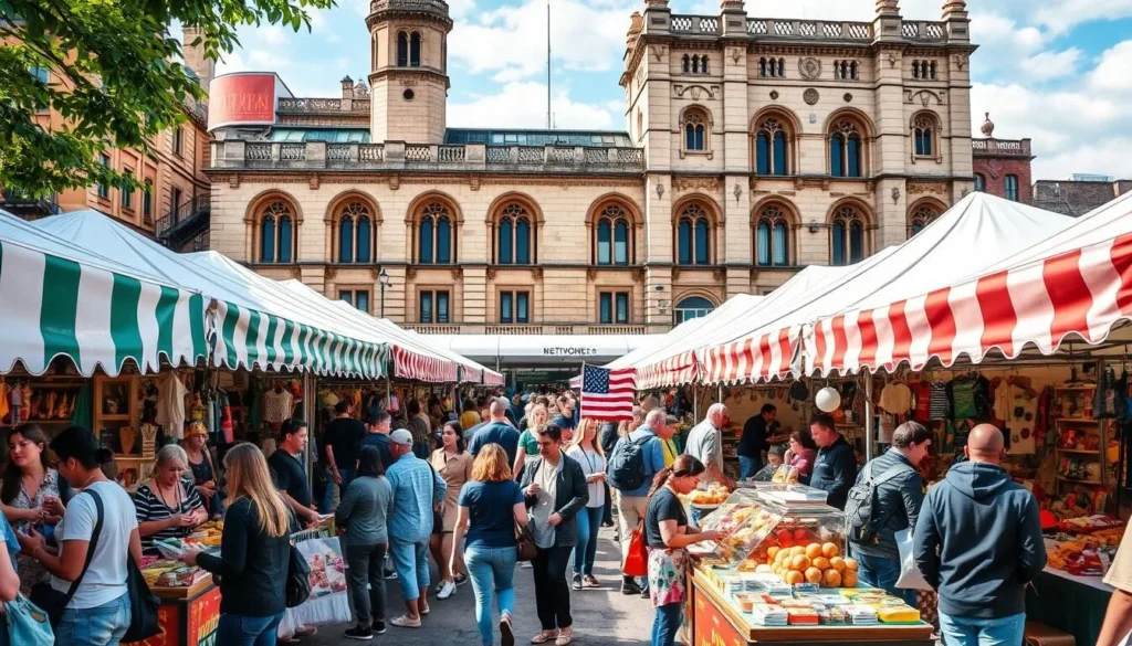 Generate an image of The Rocks Weekend Market with historic buildings in the background and people browsing through stalls selling unique souvenirs and gourmet food.