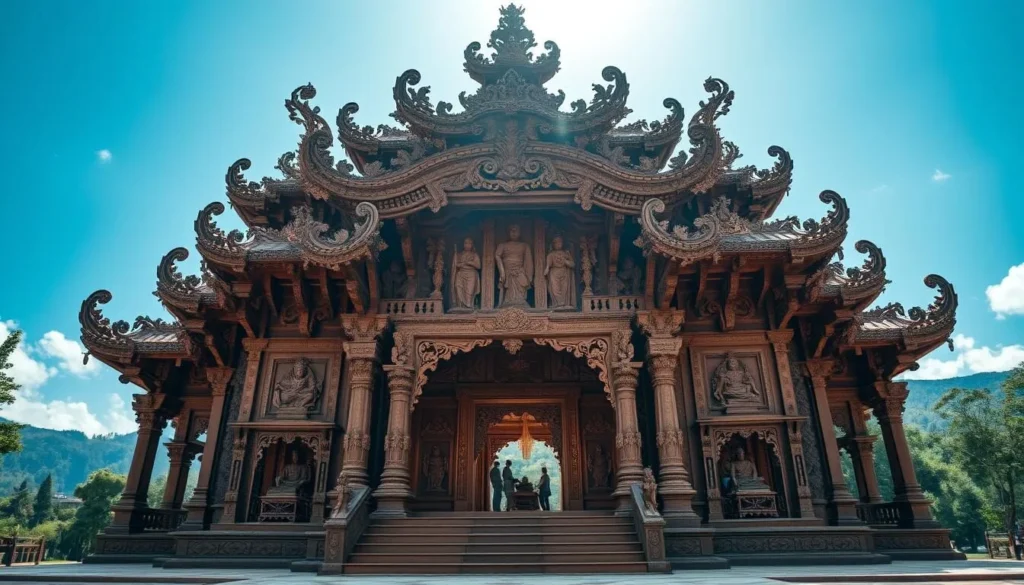 Generate an image of The Sanctuary of Truth, a large wooden structure with intricate carvings.