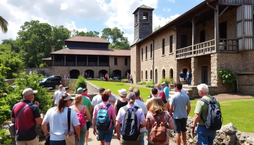 Generate an image of The Sugar Mill with a tour group.