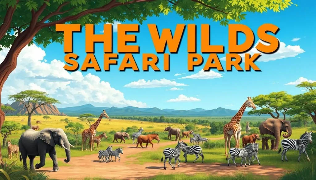 Generate an image of The Wilds Safari Park with various animals roaming freely.