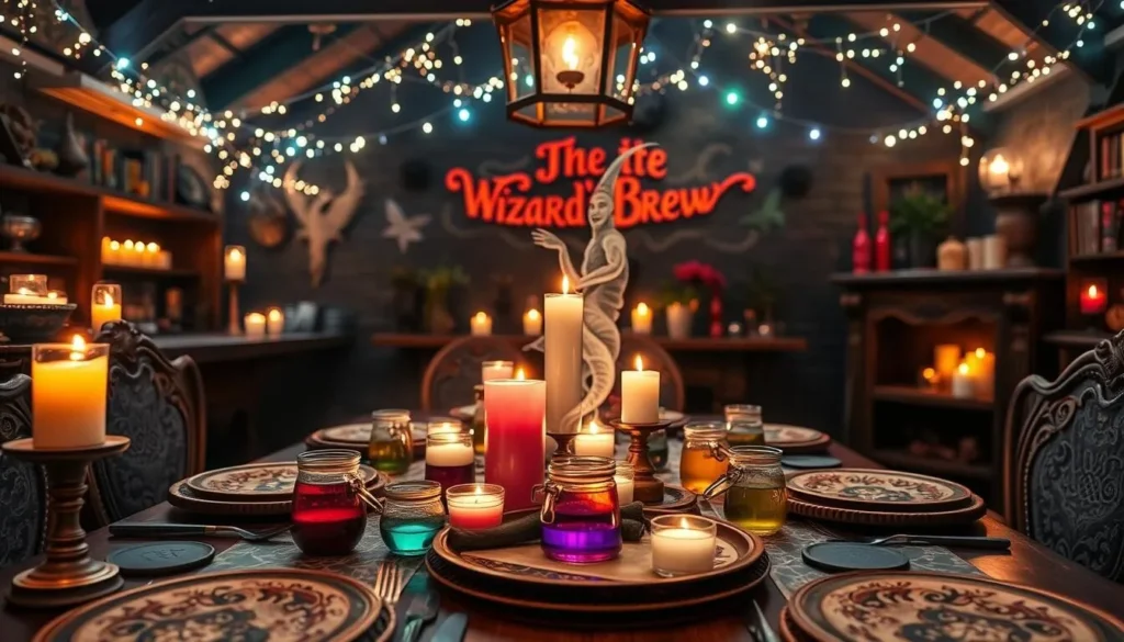 Generate an image of The Wizard's Brew's magical dining setup