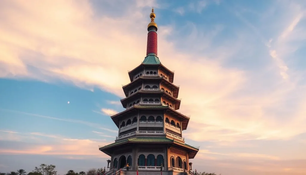 Generate an image of Thien Mu Pagoda's seven-story octagonal tower standing tall against a serene sky.