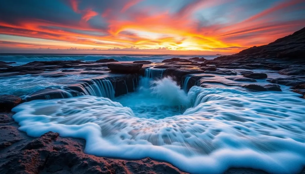 Generate an image of Thor's Well at high tide during sunset