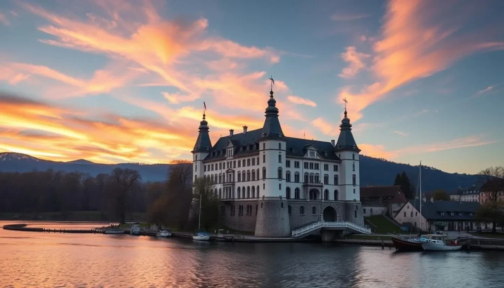 Generate an image of Thun Castle with its four distinctive white turreted towers.