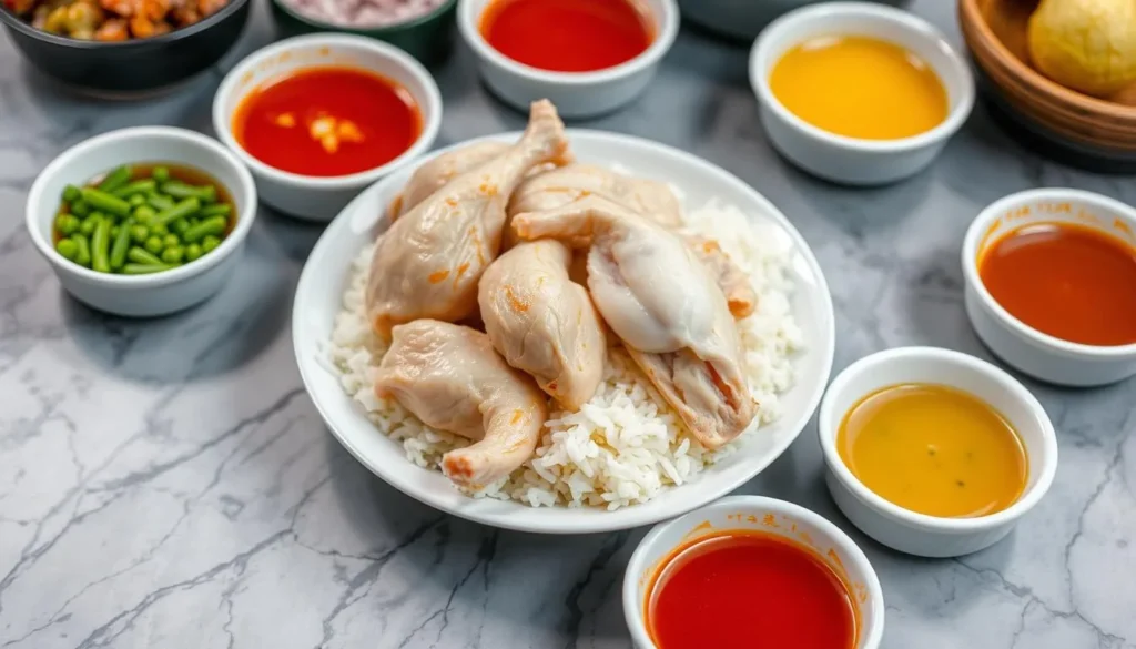 Generate an image of Tian Tian Hainanese Chicken Rice at Maxwell Food Centre, showcasing a plate of perfectly poached chicken with fragrant rice and dipping sauces.