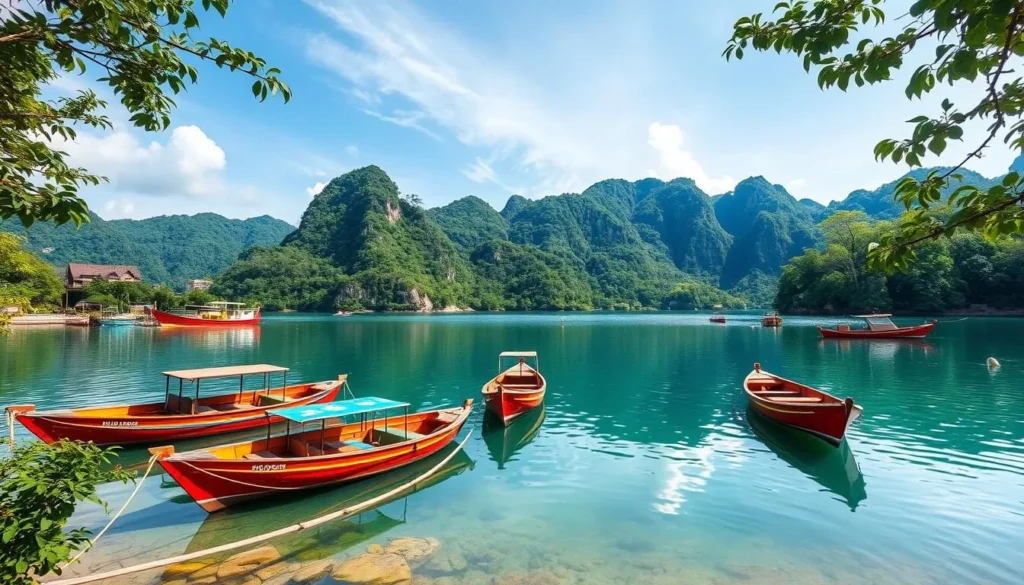 Generate an image of Tiga Lake with boats on the water and surrounding lush greenery.