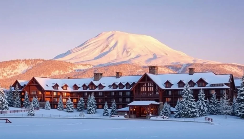 Generate an image of Timberline Lodge with a snowy Mount Hood in the background