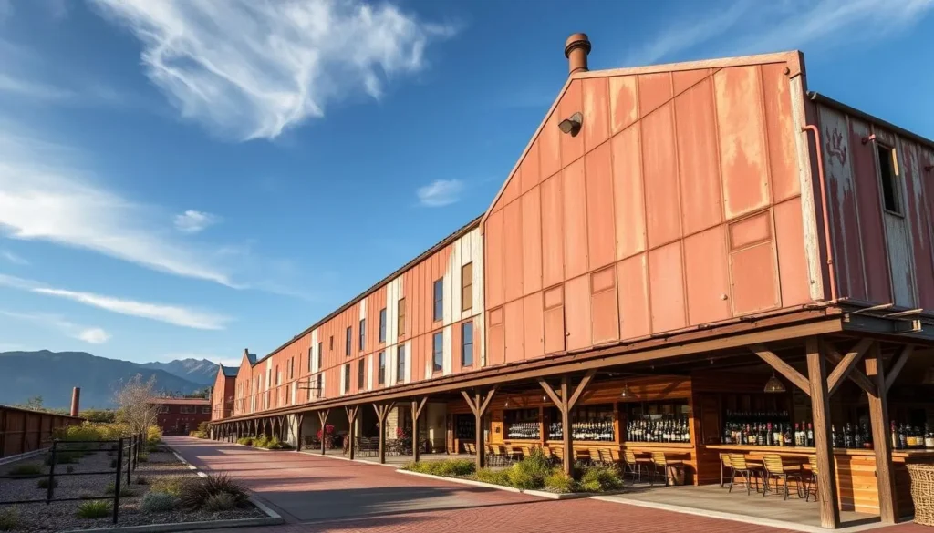 Generate an image of Tin City's industrial tin warehouses transformed into wineries and tasting rooms.