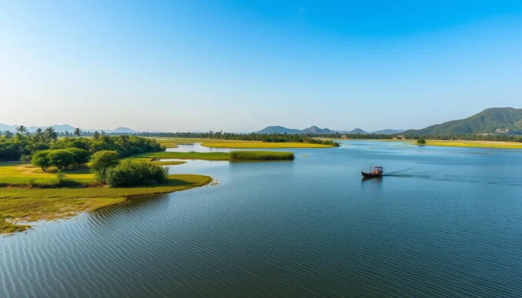 Generate an image of Tonle Bati Lake with a small boat on its serene waters.