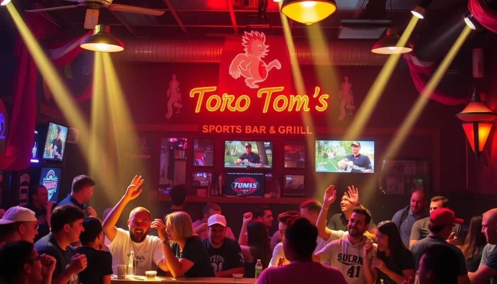 Generate an image of Toro Tom's Sports Bar & Grill, showcasing its lively atmosphere.