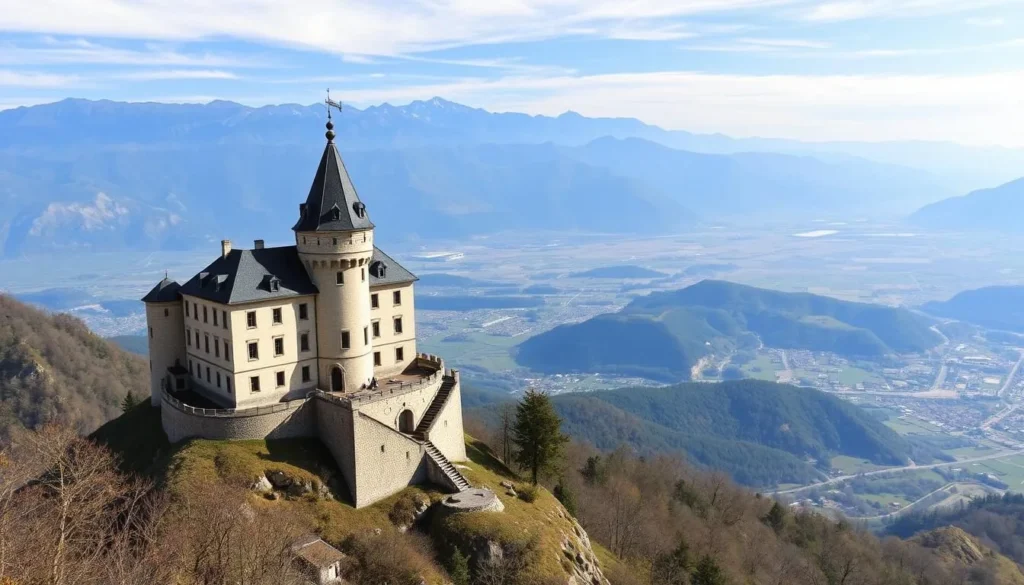 Generate an image of Tourbillon Castle perched atop a hill in Sion, Switzerland, with a panoramic view of the Rhône Valley.