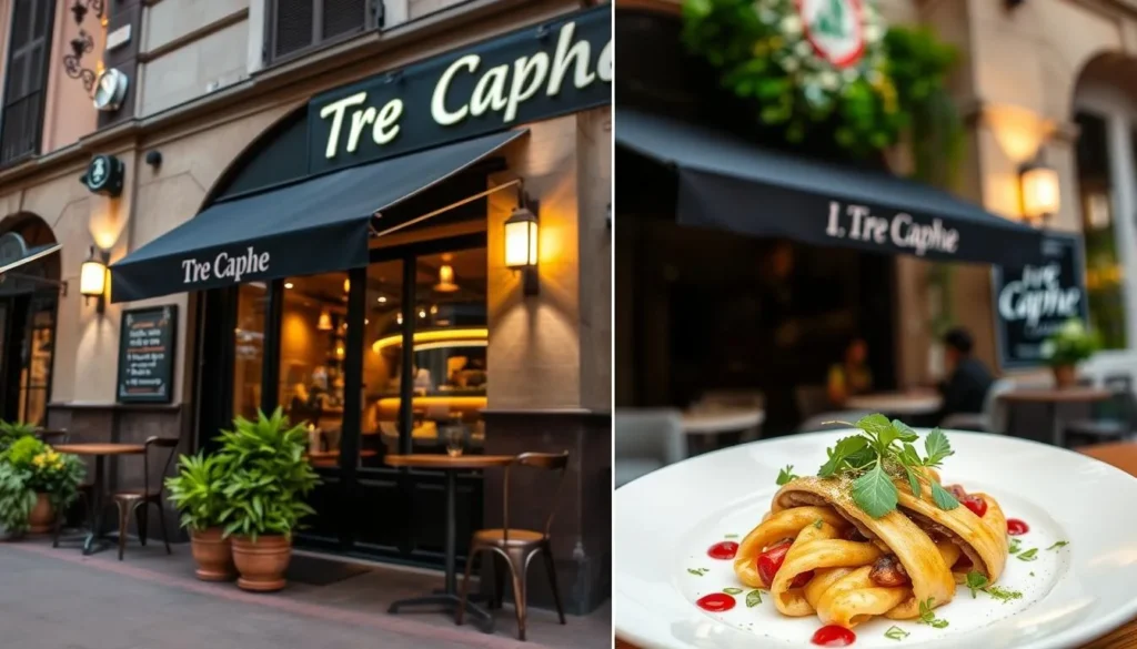 Generate an image of Tre Caphe's exterior or a popular dish