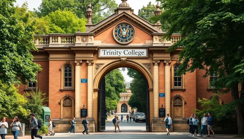 Generate an image of Trinity College's iconic Front Gate
