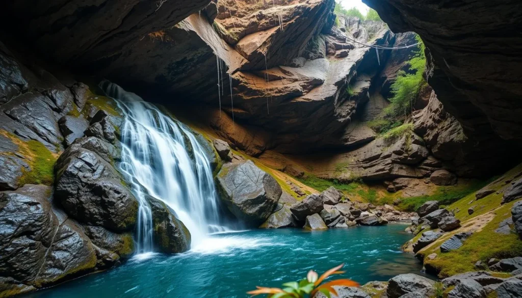 Generate an image of Trummelbach Falls, showcasing its subterranean location and the cascading water.