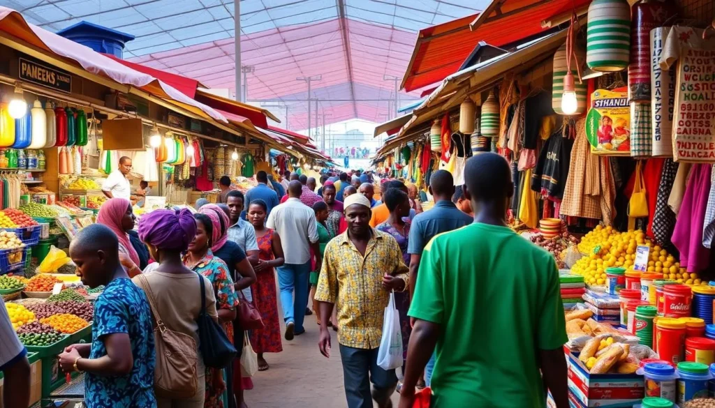 Generate an image of Tshamalale Market in Lubumbashi, showcasing vibrant colors and bustling activity.