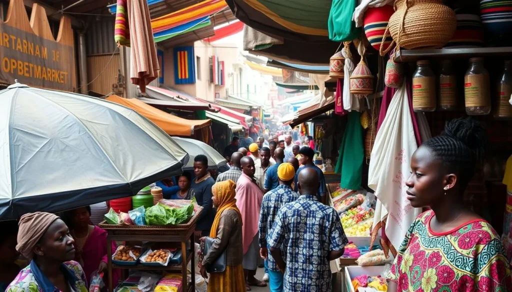 Generate an image of Tshibua Market with vibrant colors and bustling activity