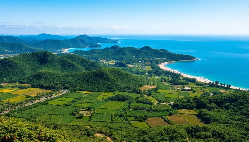 Generate an image of Tubuai island with its lush green landscapes and farms.
