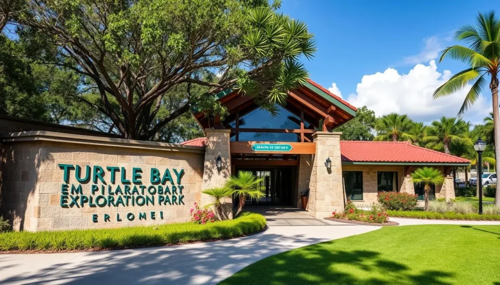 Generate an image of Turtle Bay Exploration Park's entrance, showcasing its natural surroundings and inviting architecture.