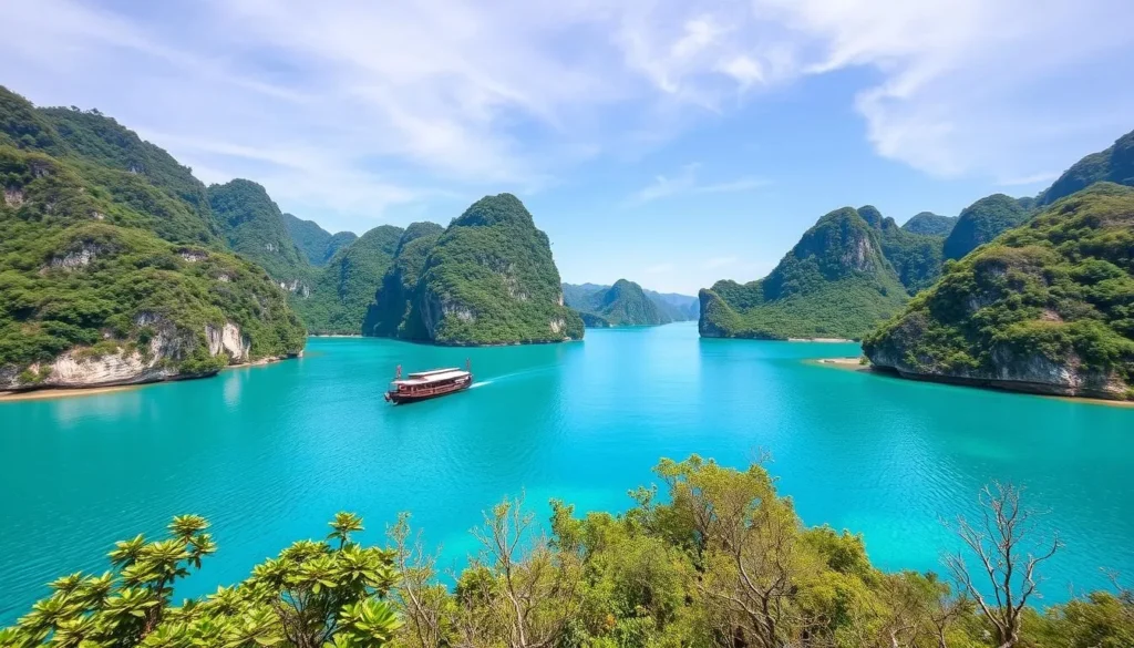 Generate an image of Tuyet Tinh Coc with its turquoise water and karst mountains.