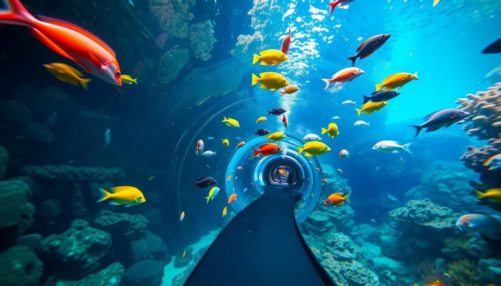 Generate an image of Underwater World Pattaya's underwater tunnel, showcasing the variety of marine life.