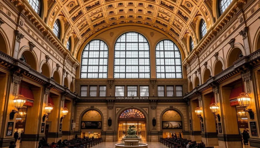 Generate an image of Union Station Kansas City's grand Beaux-Arts building with its majestic Grand Hall.