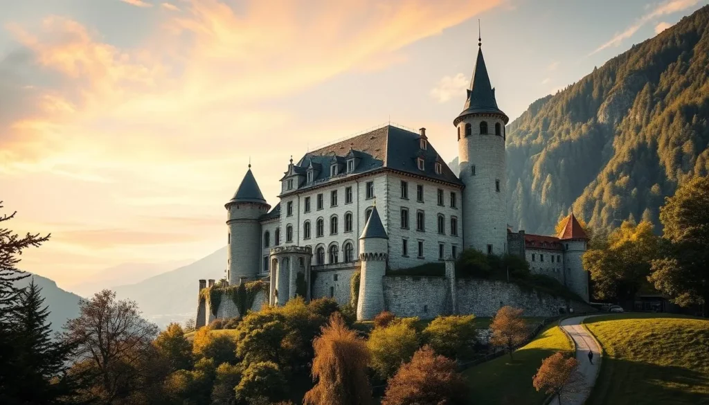 Generate an image of Valère Castle in Sion, Switzerland, showcasing its unique architecture and surroundings.