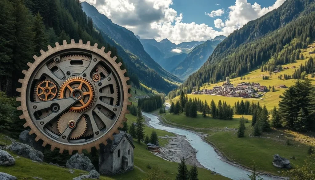 Generate an image of Vallée de Joux landscape with watchmaking elements