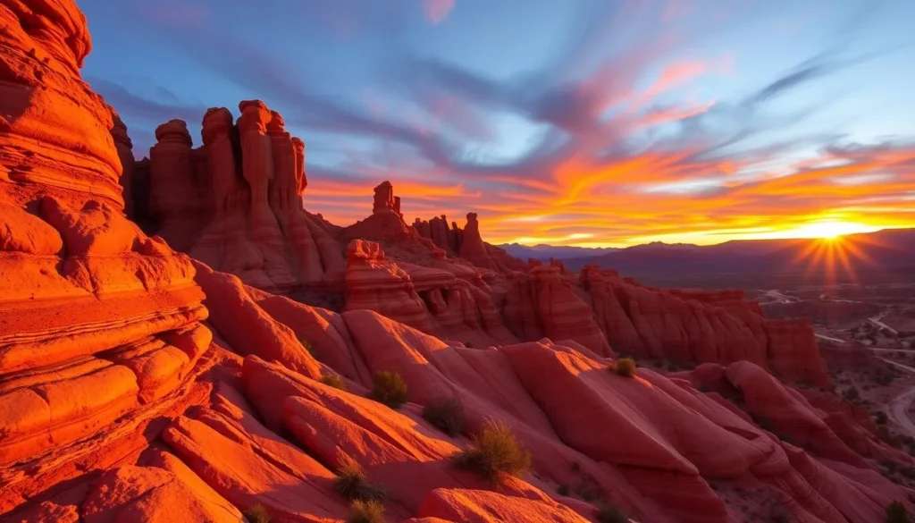 Generate an image of Valley of Fire State Park's stunning red rock formations at sunset.