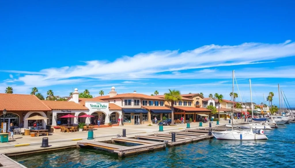 Generate an image of Ventura Harbor Village with its picturesque waterfront, shops, and restaurants.