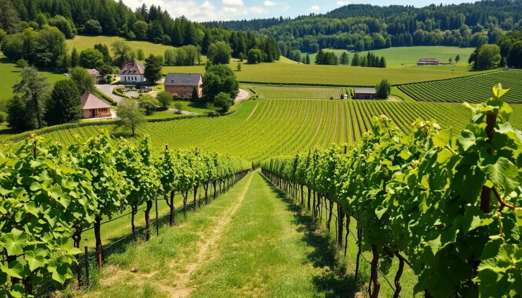 Generate an image of Vignoble Klur's estate, showcasing their commitment to sustainability and the beautiful Alsatian landscape.
