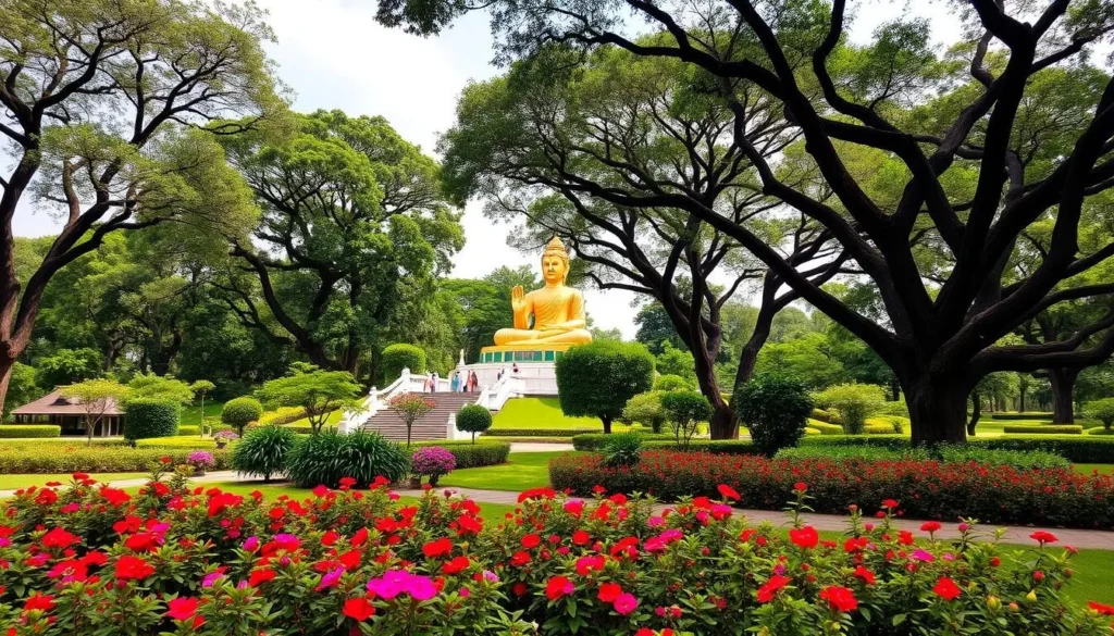 Generate an image of Viharamahadevi Park with its shady trees, flowering plants, and a golden Buddha statue.
