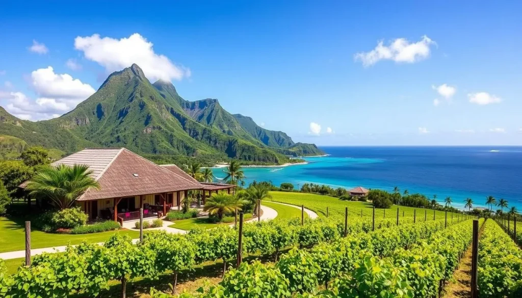 Generate an image of Vin de Tahiti winery on Rangiroa island with lush greenery and vineyards.