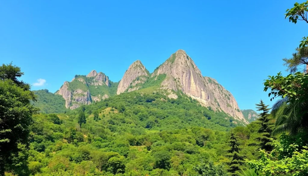 Generate an image of Voi Mountain with its distinctive elephant-like shape.