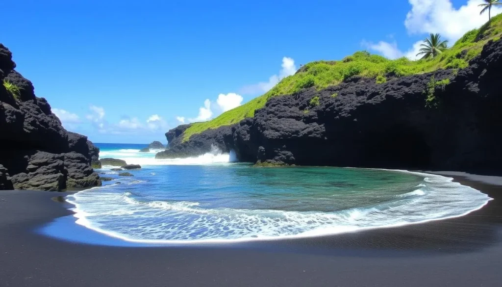 Generate an image of Wai'anapanapa State Park's black sand beach with its distinctive volcanic landscape and freshwater caves.