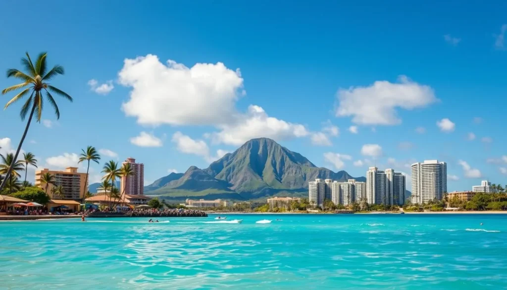 Generate an image of Waikiki Beach with Diamond Head in the background