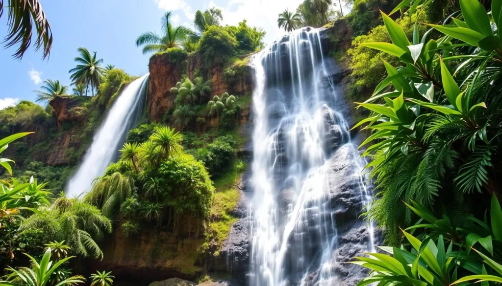 Generate an image of Wailua Falls, an 80-foot waterfall surrounded by lush greenery.
