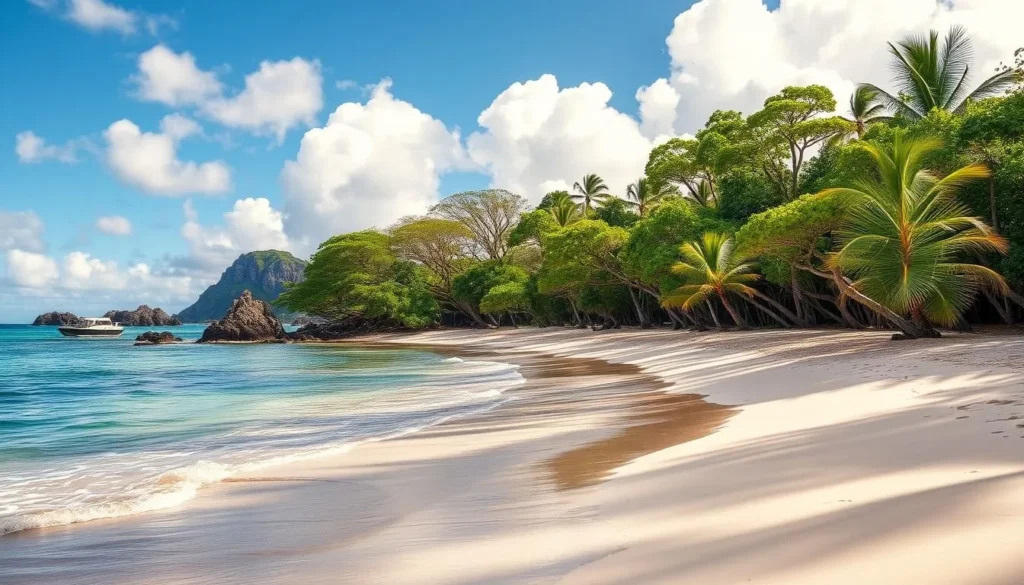 Generate an image of Waimanalo Beach with its three-mile stretch of powdery white sand and ironwood trees providing natural shade.